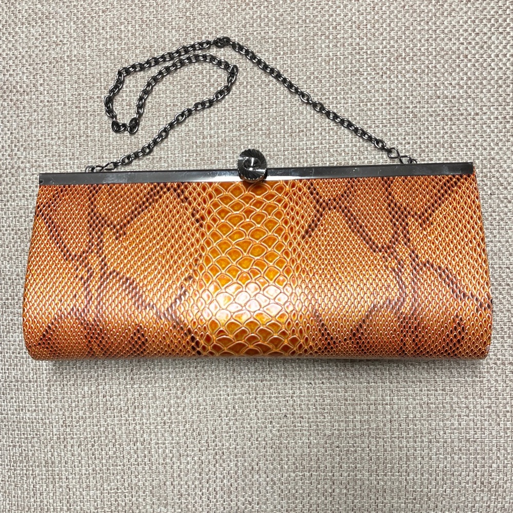 Snakeskin Print Clutch Bag by Lapis, EUC, Orange/Brown metallic rigid body, open